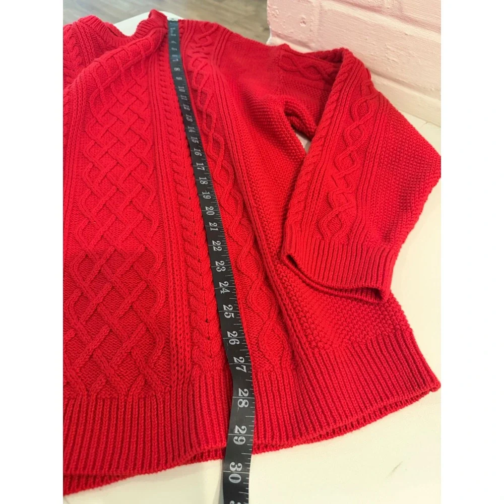 J.Crew Womens 2X Red Cable Knit Sweater 100% Cotton Crewneck Pullover Fisherman - Picture 9 of 10